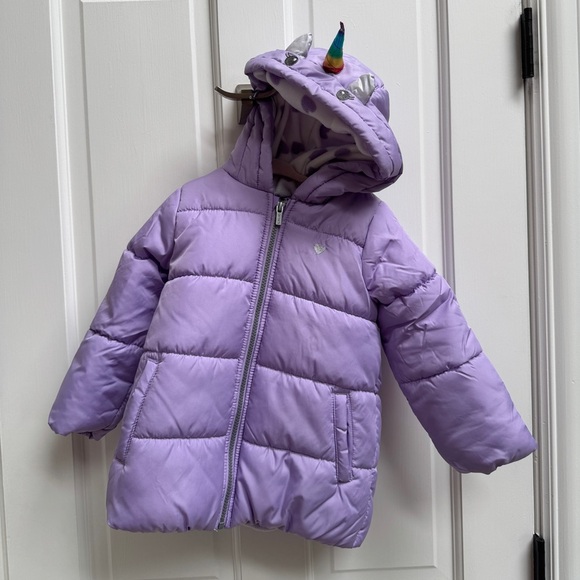 NWOT Carter's 3T Girls Purple Unicorn Snow Suit Puffer Jacket for Kids wit Horn - Picture 1 of 6